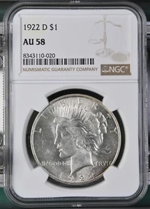 1922-D Peace Dollar NGC Certified AU58 - Picture 1 of 2