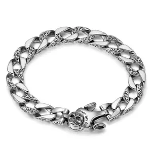 S925 Sterling Silver Skull Chain Bracelet – Engraved Biker & Rocker Jewelry - Picture 1 of 3