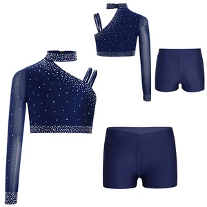 Kids Girls Shirt And Bottoms Dance Crop Top With Shorts Competition Tracksuit - Picture 1 of 86