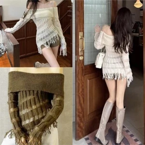 Shoulder Sweater Women Tassels Asymmetrical Hem Knitted Pullover Jumpers Top - Picture 1 of 23