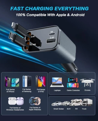 Retractable Car Charger 4 in 1 Fast Car Phone Charger 120W With USB Type C Cable - Image 1 of 4
