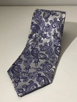 Corbata Pronto Uomo Púrpura Platino Paisley 100% Seda Hecha a Mano Foto 1 de 4