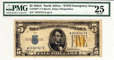 Fr. 2307* $5 1934A North Africa Silver Certificate PMG 25 Very Fine- RARE STAR! - Image 1 of 4