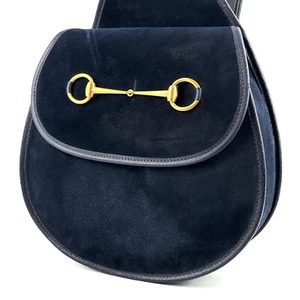 Gucci Shoulder Crossbody Bag Horsebit Suede Navy Authentic - Picture 1 of 23