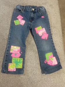 Lilly Pulitzer Patchwork Denim Jeans Girls Embroidered 4T Preppy Coastal Artsy - Picture 1 of 13