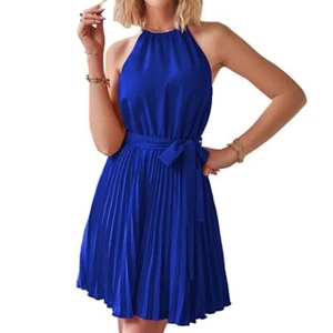Womens Elegant Sleeveless Tie Back Halter Solid Color Belted Pleated Flowy Dress - Bild 1 von 48