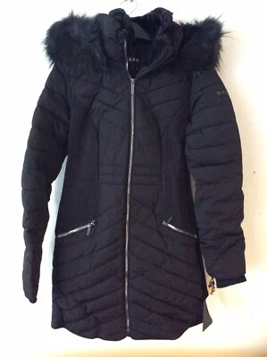 DKNY womens Black Puffer Coat Jacket Fur Trim Detachable Hood Warm XXS UK 6 - 8 - Image 1 of 4