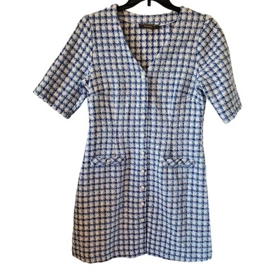 Melonie T  Tweed Boucle  V-Neck A-Line Dress Plus Size 14 Blue White  - Image 1 of 4