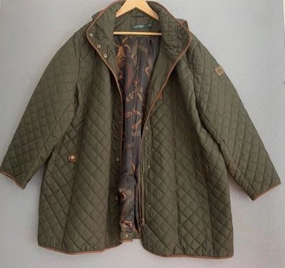 Lauren Ralph Lauren 3X Coat Equestrian Quilted Hood Olive Green Zip Snap Jacket - Image 1 of 4