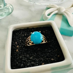 Sleeping Beauty Oval Turquoise Scroll 14k Gold Ring Size 7 Fine Jewelry Fashion - Picture 1 of 7