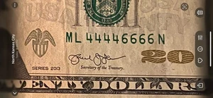 Ungraded Circulated 2013 $20 Bill Fancy Serial Number 44446666 Binary Quad Pair - Picture 1 of 2
