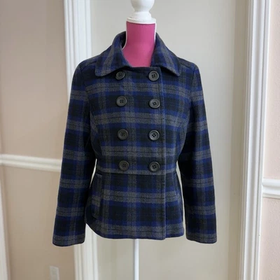 Abrigo Mujer Moda International Lana Guisante Cuadros Doble Pecho Azul Gris Talla L Foto 1 de 4