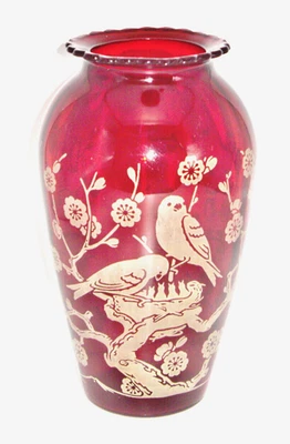 1940's Anchor Hocking Royal Ruby Hoover Decorated Vase Birds Nesting Cherry Tree - Image 1 of 4