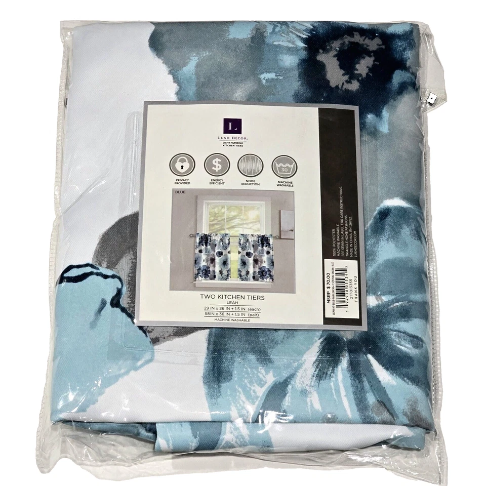 Lush Décor Light Filtering Kitchen Tiers Leah Blue Pair 29x36in Machine Wash - Image 1 of 1