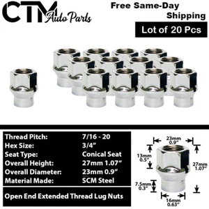 20Pc CHROME 7/16-20 OPEN END EXTENDED THREAD ET LUG NUT FIT VINTAGE PONTIAC&MORE - Picture 1 of 2