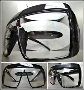 OVERSIZED VINTAGE RETRO SHIELD Style Clear Lens EYE GLASSES XL Huge Black Frame - Picture 1 of 10