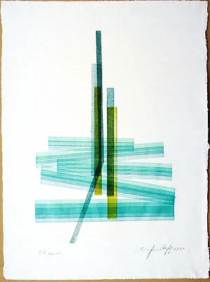 Siegfried Assfalg 1925-2012 Balken in Grün Blau Konkrete Kunst Holzdruck 1986 - Bild 1 von 4