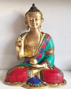 Buddha Large 10x5.5'' 3Kg Stone Medicine Budha Brass Meditation handmade Abhaya - Picture 1 of 11