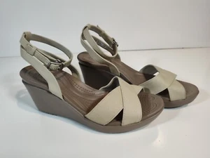 Crocs Leigh II Cross Strap Ankle Wedge Sandals Womens Size 11 Tan 204950 NWOT - Picture 1 of 9