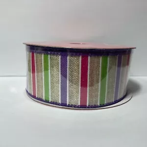 Wired Ribbon Stripe Purple Pink Green Tan 1.5" 25' Simply Spring Craft Bow - Picture 1 of 6