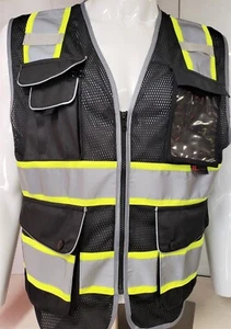 Hi Visibility Reflective Black Safety Vest with multiple pockets & ID pocket - Picture 1 of 10