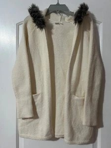 Gap Kids Girls XL Cream Ivory Faux Fur Hooded Open Front Long Sweater Cardigan - Picture 1 of 6