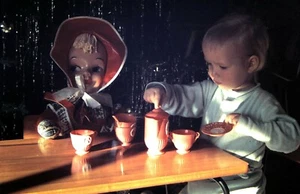 Orig 50's Vintage Slide, Toddler and Doll playing with Tea Pot / Cups & Saucer - Picture 1 of 1