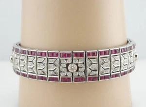 Vintage Art Deco 5.06CT Ruby & Cubic Zirconia Bracelet Vintage In 935 Silver - Picture 1 of 7