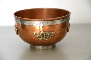 Copper Tibetan Buddhist Ritual 4" Offering Bowl With 4 Dragons & Silver Accents - Picture 1 of 7