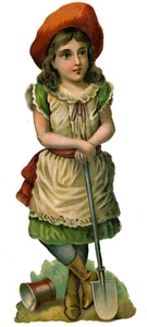 Pieza de chatarra victoriana troquelada grande color de la década de 1890. Niña pequeña con pala y cubo - Imagen 1 de 2