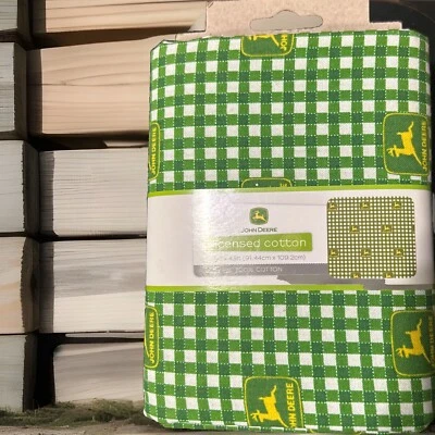 John Deere Tractor Logo Pre-cut Sewing Fabric Gingham Green White 36 x 43-inch - Image 1 of 4