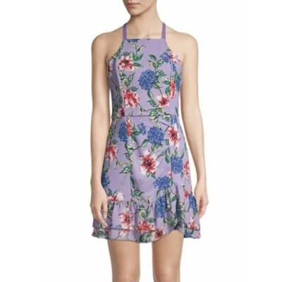 Vestido Halter Parker Talla 8 Amina Floral Púrpura Sin Mangas Dobladillo Asimétrico Forrado Foto 1 de 4