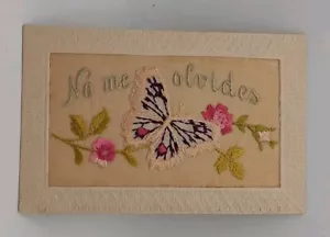 Vintage Silk Embroidered Butterfly Flower"No me olvides"(Forget Me Not) Postcard - Picture 1 of 2