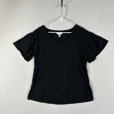 LC Lauren Conrad Short Sleeve V-neck T-Shirt Womens Large Ruffled Sleeve Black - Image 1 of 4