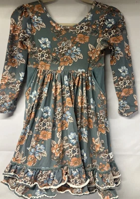 Girls Sz 10 Makena Lane Designs Dress Boutique Dusty Teal fall Floral flowr 27” - Image 1 of 4