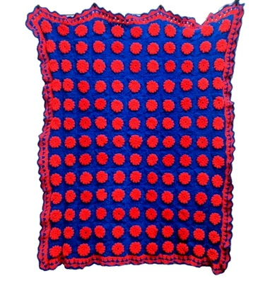 Handmade Crochet Baby Blanket 3-D Flower Granny Squares Vivid Red Blue 30"x40" - Image 1 of 4