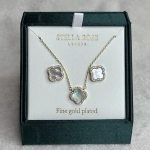 Stella Rose Fine Gold Plated MOP Clover Necklace And Earring Set - NIB 16”+2” - Picture 1 of 16