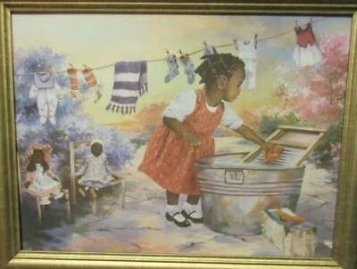 G.ROSE "WASHDAY" AFRICAN AMERICAN GIRL PLAYING GICLEE ON CANVAS PAINTING - Image 1 of 4