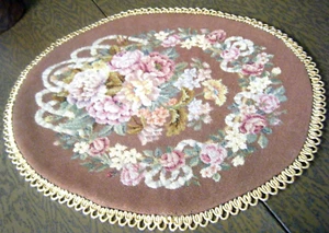 Antique vanity toper French needlepoint canvas tapestry oval lined w gold trim - Picture 1 of 7