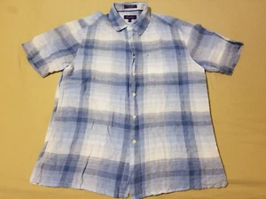 Mens Alan Flusser Linen Dress Shirt M Medium Blue Button Short Sleeve - Picture 1 of 5