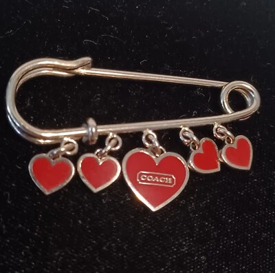 Rare Authentic COACH nickle Pin  Brooch with 5 Red Heart Charms - Image 1 of 4