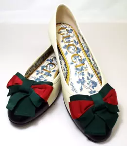 Gucci Sylvie Web Stripe Red Green Bow Ballet Flats Shoes Captoe Size 37/7 Italy - Picture 1 of 23