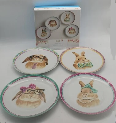 Pier 1 Imports Easter Bunny Rabbit Faces Salad Plates Set of 4 Bows Ties - Image 1 of 4