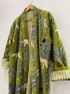 Indian Green Floral Kimono Velvet Kimono Robes Night Gown Bridal Night Kimono - Picture 1 of 5