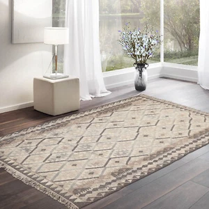LoomBloom 5'3"x7'7" Beige Hand Woven Southwestern Kilim Flat Weave Wool Area Rug - Picture 1 of 7