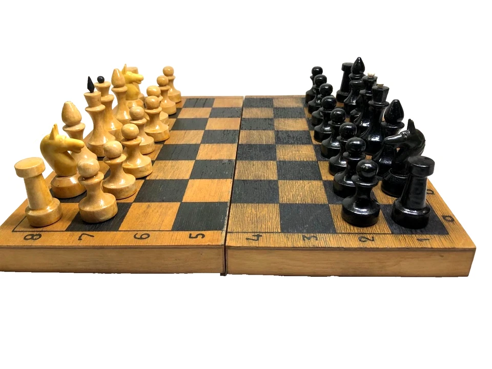 Vintage Soviet Wooden Chess Set USSR 1960-70s w/ Folding Board Box Cold War Era - Image 1 of 4