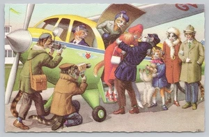 Mainzer Cats Arriving on Airplane Paparazzi Anthropomorphic Unposted Postcard - Picture 1 of 2