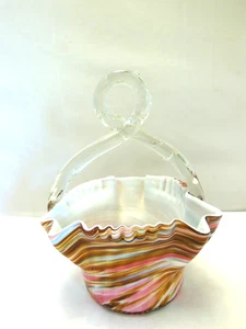 ANTIQUE VICTORIAN HANDMADE END OF DAY CASED GLASS BASKET TWIST THORN HANDLE - Picture 1 of 11