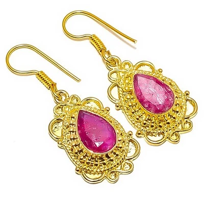 Pendiente antiguo enchapado en oro amarillo de 18k con piedras preciosas de rubí (simulado) 1,76" E7-421 Foto 1 de 3