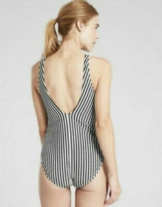 Athleta Seersucker V-Neck One Piece Swimsuit MEDIUM Black/White Vertical Stripe - Picture 1 of 8